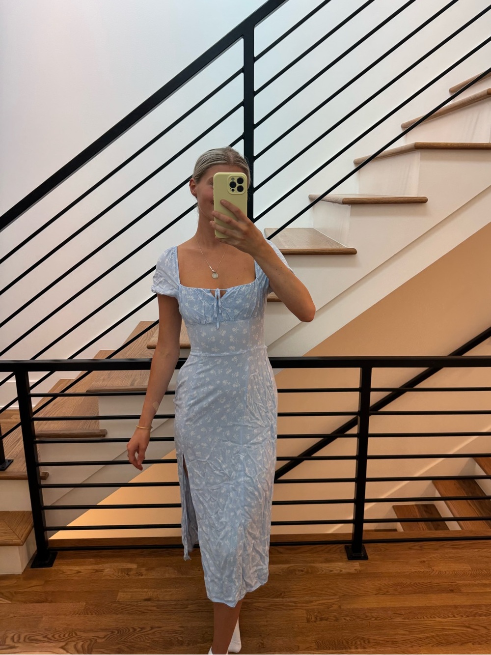 H&M Blue/White Floral Milkmaid Puff Sleeve Square Neck Midi Dress - Size XS